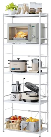 NETEL 5 Tier Expandable Microwave Shelf, Metal Microwave stand Countertop | Over Microwave Shelf Unit with 8 Hooks, Adjustable Height Microwave Rack, Kitchen Shelves, airfryer stand 25 kg max load/Tier