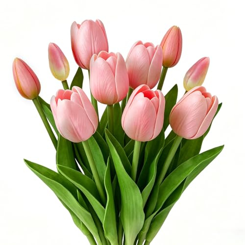 Tulipani artificiali come veri, 10 tulipani artificiali rosa con 6 tulipani e 4 boccioli di tulipani, realistici al tatto, 42 cm, bouquet di tulipani artificiali per vasi, primavera, matrimonio