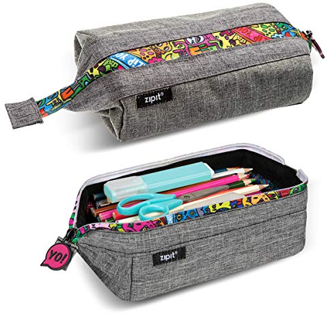 ZIPIT Lenny Federmäppchen | Großes Mäppchen für Schule und Büro | Etui, Kosmetiktasche mit breite Öffnung | Federmappe Grau