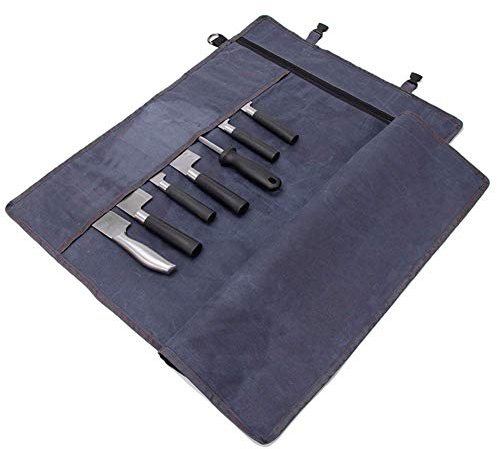 Chef’s Knife Roll Bag, Waxed Canvas Knife Cultery Carrier, Portable Chef Knife Cases, Knife Pouch Holders With 10 Slots Plus 1 Zipper Pockets Can Hold Home Kitchen Knife Tools Up To 18.8” (Blue)