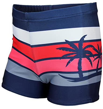 Aquarti Badehose mit Motiv – Schwimmhose Jungen Enganliegend, Badehosen für Jungen Schnell Trocknend, Farbe: Dunkelblau/Rot/Palmen, Größe: 122