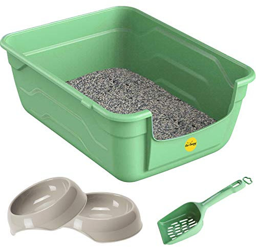 Green Large Cat Open Litter Tray Box +2x 0.35L Grey Bowls +Waste Scoop Set High Sided Deep Toilet Loo Adult Cats Kitten Pan Pet Loo Easy Cleaning Lowered Entry Step 11.5cm Bowl Trays CatCentre®