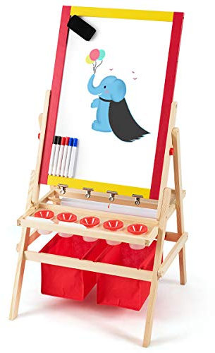 GOPLUS Staffelei für Kinder, Spieltafel Zweiseitiges Zeichenbrett inkl. Whiteboard und Kreidetafel, mit Verstellbarem Ständer Malpapier Farbbecher Marker Kreide Radiergummi Magnetischem Aufkleber