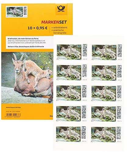10 Stück 0,95 EUR 95 Cent postfrische selbstklebende Briefmarken | Frankaturware Markenset (Motiv: Junge Wildtiere - Steinbock)