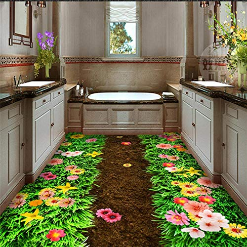 Frisches grünes Gras Blumengarten Badezimmer 3D-Boden benutzerdefinierte große Fresko-PVC-dicke wasserdichte tragbare Bodenaufkleber-150 * 105cm