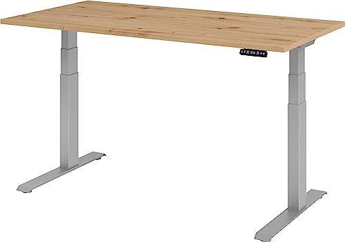 bümö elektrisch höhenverstellbarer Schreibtisch 160x80 cm in Asteiche, Gestell Silber mit Memory-Steuerung, elektrischer Bürotisch höhenverstellbar Gaming Tisch