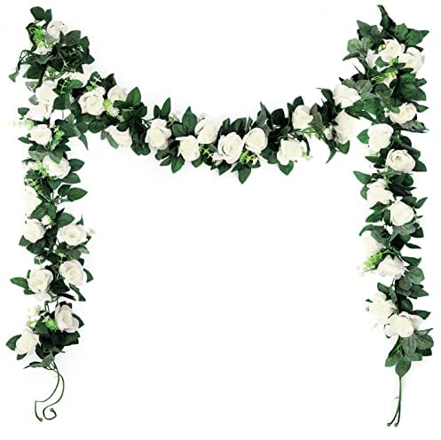 2 pièces de guirlande de roses artificielles de 220 cm, simulation de feuille de lierre fleur de rose suspendue fleur de soie de vigne, utilisée pour la décoration de mariage à la maison (blanc)