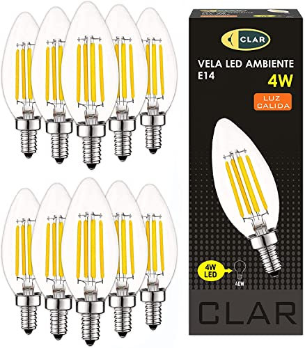 CLAR - Lampadine LED E14 Filamento Luce 4W, Lampade LED, Equivalent 30W-40W, Lampadine Vintage, Attacco Piccolo, LED Luce Calda (Pack 10)