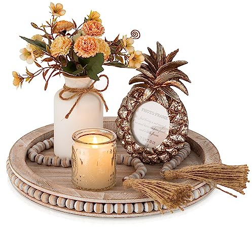 Hanobe Bandeja de madera decorativa redonda: bandeja decorativa vintage blanca lavada con cuentas de madera, guirnalda rústica, bandeja para velas de color blanco, bandeja pequeña para velas de té