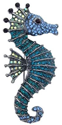 Broche bijou poisson hippocampe strass cristal vert et bleu.