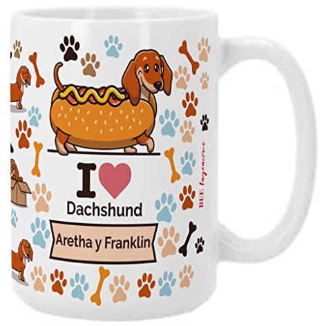 BEE INGENIOUS Taza Dachshund personalizada con nombre.Taza desayuno XL de 443ml.Taza Teckel personalizada con nombre.Regalo para amigas.Tazas razas de perros.Tazas originales para regalar. (Dachshund)