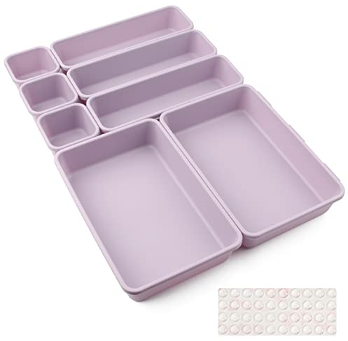 Desk Drawer Organiser Tidy Dividers 8Pcs Makeup Dividers 3 Sizes Plastic Trays for Storage for Dresser Cosmetics Office Stationery Bathroom Kitchen Utensil with Non-slip Silicon Pads(Light Purple)