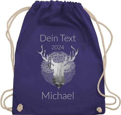 Turnbeutel Rucksack - Kompatibel Oktoberfest - Tag Cloud - Hirsch und Name in Silbergrau - Unisize - Lila - trachten-tasche bayrischer tasche trachtenrucksäcke bayrische beutel oktoberfest-tasche
