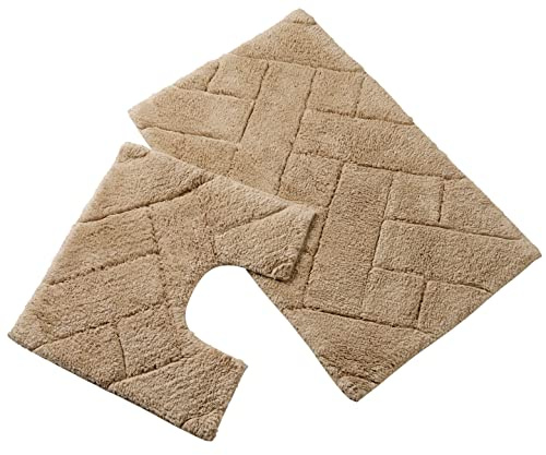 Olivia Rocco Bali 2-teiliges Badematten-Set, extra weich, pflegeleicht, Plüsch, Badteppich + WC-Vorleger, super saugfähig, Badematte für Badezimmer, Toilette, Dusche, Natur