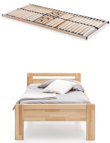WOODLIVE DESIGN BY NATURE Massivholz-Bett aus Kernbuche inkl. Lattenrost, als Seniorenbett geeignet, in Komforthöhe, geöltes Einzel- und Komfortbett mit Kopfteil (90 x 200 cm)