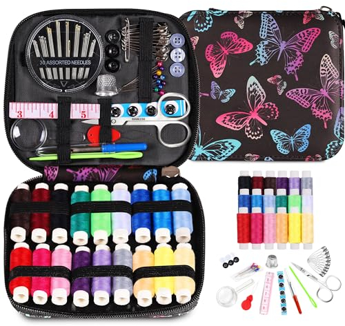 Nähset für Erwachsene, Nadel- und Faden-Set zum Nähen mit Schmetterlings-Reißverschluss-Etui, 18 Farbfäden, tragbares Basis-Handnäh-Reparatur-Set für Anfänger, Reisende, Notfall, DIY, Schnellreparatur
