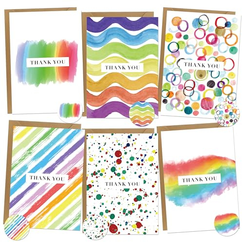 BIROYAL 12 Sets Dankeskarten inkl. extra Umschläge & Sticker zu jedem Anlass, Blanko Danke Karten, Elegante Faltkarten mit Aquarell Regenbogen-Motive, hochwertige Grußkarten für Familie & Freunde