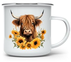 MAXIKIWI - Tasse à café ou thé en émail durable pour l'intérieur et l'extérieur – Vache des Highlands avec tournesols – 350 ml