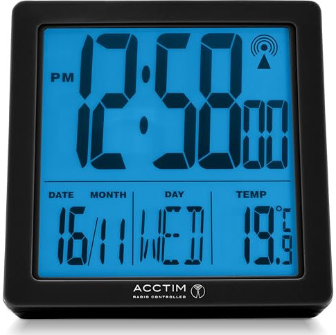 Acctim Varsity Digital Alarm Clock Radio Controlled Crescendo Alarm Date & Temperature Display (Black)