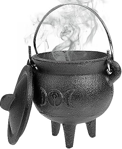 Cast Iron Cauldron with Lid and Handle Halloween Mini Cast Iron Pot 3.94x2.95x2.95inch Cauldron Decorative Candle Incense Burning Witchcraft Cauldron Pot,Moon