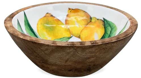 Schale Zitrone italienisches Muster Müslischale aus Holz - Tiefe Schüssel als Obstschale, Salatschüssel, Schlüsselablage in weiß braun - Tiefer Teller 18 x 7 cm Snackschale Dipschale Küchen Deko