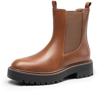DREAM PAIRS Stivali Chelsea da Donna con Punta Quadrata Moda Tacco Basso Suola Spessa Stivaletti Autunnali,Size 40,Marrone-Pu,SDAB2412W