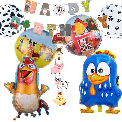 Luftballons Bauernhof Geburtstag Deko, 6 StüCk Bauernhof Luftballons Tiere Kit+ Happy Birthday Banner Deko, Kindergeburtstag Tier Folienballon Set