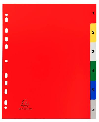 Exacompta - Réf. 2506E - Carton de 20 Intercalaires en polypropylène avec 6 onglets imprimés numériques de 1 à 6 en couleur - Page d'indexation imrpimable - Format à classer A4 maxi - 24,5 x 29,7 cm