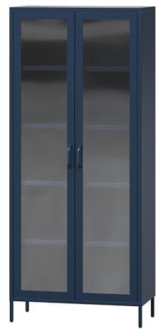 Jan Nowak 2-türiger Vitrinenschrank - Angelo | 80 x 185 x 45 cm | 4 Verstellbare Ablagen, Gehärtetes Glas, Wandmontage | Glasvitrine Stehend, Vitrine Glas, Wohmzimmerschrank Glitzernd | Dunkelblau