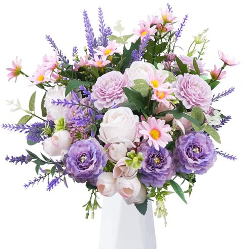 Luabue Blumenstrauß Künstlich Lila Rosen Lavendel rosa Kamille und Eukalyptus Kunstblumenstrauß Artificial Blumen Seidenblumen Unechte Blumen für Vase Hochzeiten und Heimdekoration