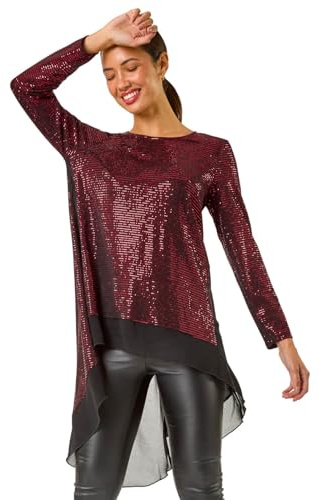 Roman Originals Chiffon Dipped Hem Top Asymmetric Tunic for Women UK Ladies Stretchy Jersey Flared Blouse Smart Fit & Flare Form Casual Loose Longline Party Hanky Tunics - Red Noir - Size 10