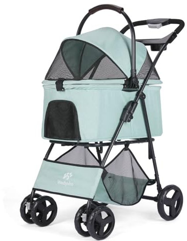 Hundewagen Hundebuggy Faltbar Travel Haustier Kinderwagen Pet Stroller mit Netzfenstern und Aufbewahrungskorb für kleine Mittele Hunde Haustiere Buggy (Blaugrün)