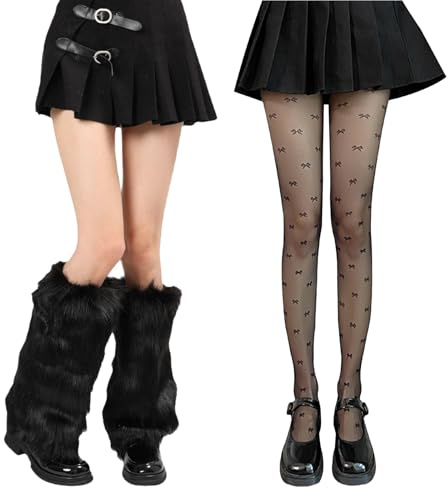 JSTHHTT 40cm Faux Fur Long Leg Warmers for Women, Furry Boot Covers With Stockings, Y2k Leg Warmers, Long Boot Cuffs Cover, for Winter Warm Wear Party Costumes Christmas (Black)