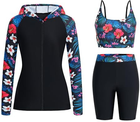 Owntop Womens 3-Piece Rash Guard | UPF50+ Swimsuits Hooded UV Shirt | Long Sleeve Zipper Rashguard Shirts & Bikini Top & High Waist Boyshorts | Swimming Surfing Modest Swimwear | Green S
