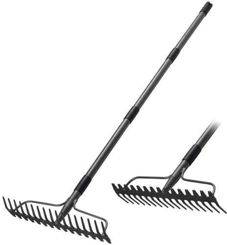 Rastrello da giardino con manico lungo 190 cm e 17 pinze, robusto rastrello per l'allentamento del livellamento, rastrello da giardino per rastrellare foglie di erba, erbacce, cortile in metallo