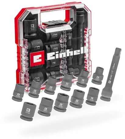 Original Einhell Impact set de 12 douilles (acier CrMo, tailles 10-21 mm, rallonge 125 mm, L-CASE avec insert EVA, compatible avec les clés à cliquet 1/2 et les clés à chocs)