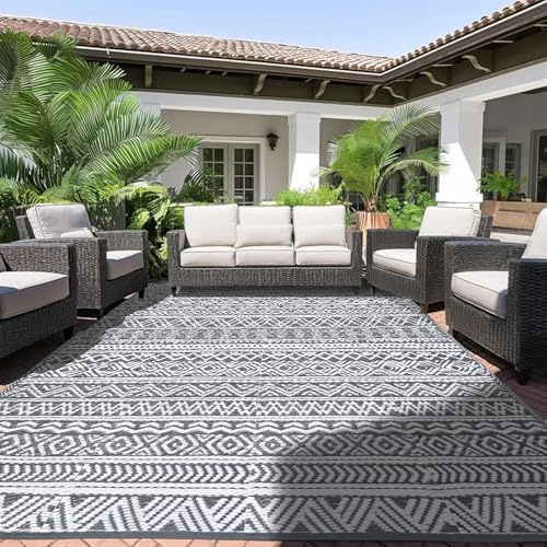 Alishomtll Outdoor Teppich Wetterfest 180x275cm, PP Wasserdichter Kunststoff Terrasse Teppich, Garten Balkon Wendbar UV-beständige Carpet, Außenteppich Camping für BBQ Picknick, Weiß Grau