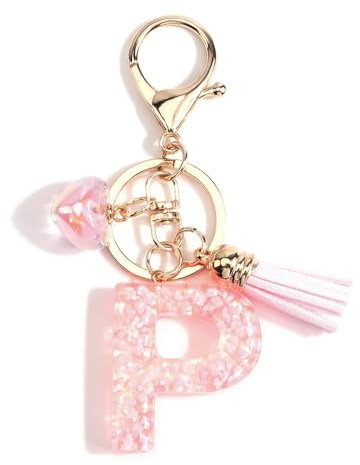 Gallkeat Schlüsselanhänger mit Buchstabe, Initialen Schlüsselanhänger mit Herz Anhänger, Rosa Quaste, Geschenke für Damen, Tasche Handtasche Reisedekoration