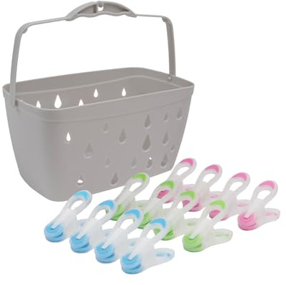 JVL Plastic Peg Basket, Grey with 36 Prism Soft Touch Mini Plastic Pegs, Multi