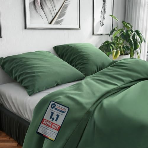 Wolkenfeld Bettwäsche 200x220 Baumwolle Reforcè Oeko-TEX – Bettwäsche-Sets Mit Bettbezug 200x220 2 Kissenbezug 80x80 – Atmungsaktiv & Pflegeleicht – Bettwäsche Mit Reißverschluss – Wald Grun