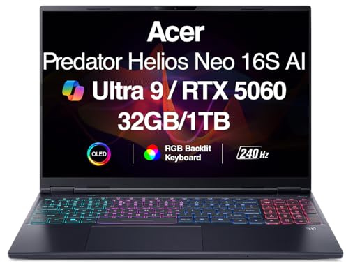 acer Predator Helios Neo 16 AI Ordinateur portable de jeu | 16 po WQXGA 240 Hz | Intel Core Ultra 9 275HX | NVIDIA GeForce RTX 5060 | 32 Go | 1 To | Win 11