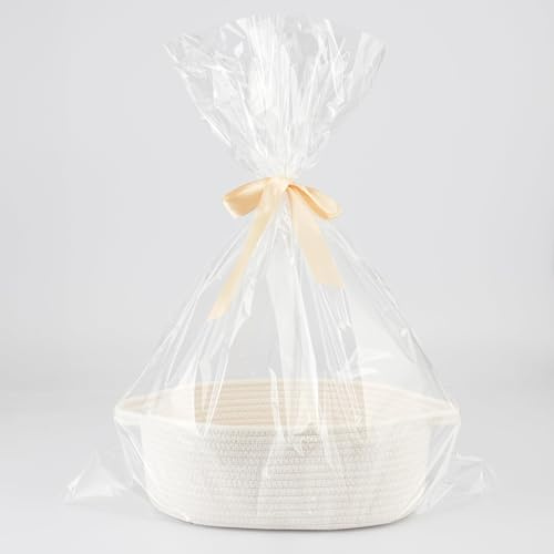 Panier cadeau vide à garnir en corde de coton tressée – Corbeille de présentation avec sac transparent et ruban – Panier en corde de coton tressée pour anniversaires et rangement, blanc, standard
