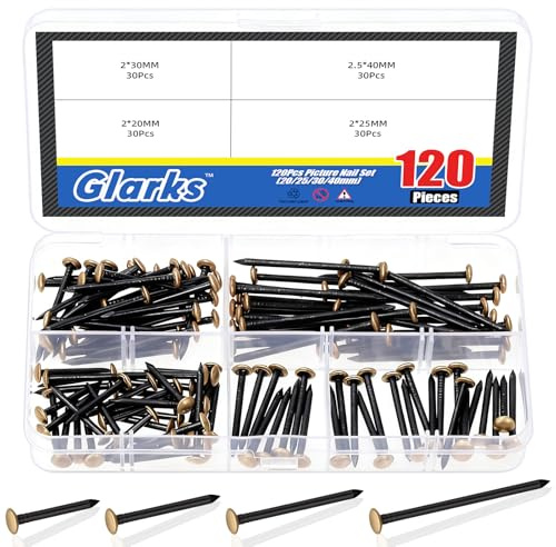Glarks 120pcs 2 x 20/25/30/40mm Kit de uñas de colgante de imagen, uñas colgantes de imagen de color oro, uñass de pintura para hormigón, ladrillo y pared de madera, marcos colgantes, obras de arte