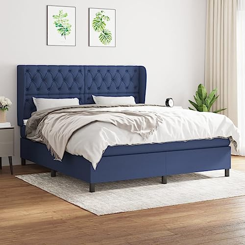 QJBSAVVA Boxspringbett Blau 160x200 cm mit Matratze & Topper für Schlafzimmer Jugendzimmer doppelbett Stoff strapazierfähig höhenverstellbares Kopfteil platzsparend für Wohnung Haus
