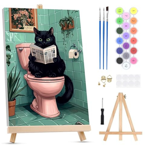 QENSPE Peinture par Numéros pour Adultes sur Toile Encadrée - avec Chevalet, Chat Paint by Numbers Kit, Toilettes Peinture à l'huile Acrylique pour Décoration Murale Maison (20x30 cm)