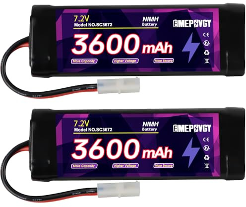 EMEPOVGY 7.2V RC NiMH Battery 3600mAh Capacity Rechargeable 6-Cell Flat Battery Pack with TMY Plug(2 Packs)