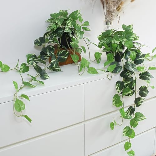 alyptus Fake Pothos Hanging Plants – 33 Set of 2 Faux Ivy Vines with Pots, Realistic Silk Devil’s Ivy for Indoor Décor, Low Maintenance Artificial Greenery for Home (Fake Pothos Golden Green)