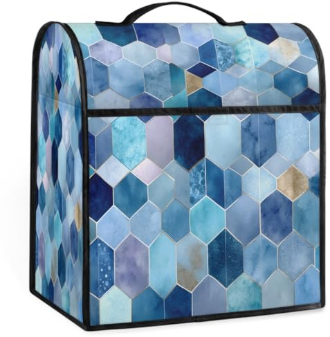 Tablerazzi Geometric Blue Coffee Maker Cover, Coffee Machine Dust Cover with Handle, Waterproof Stand Mixer Dust Covers, Blender Mixer Juice Machine Covers with Pockets