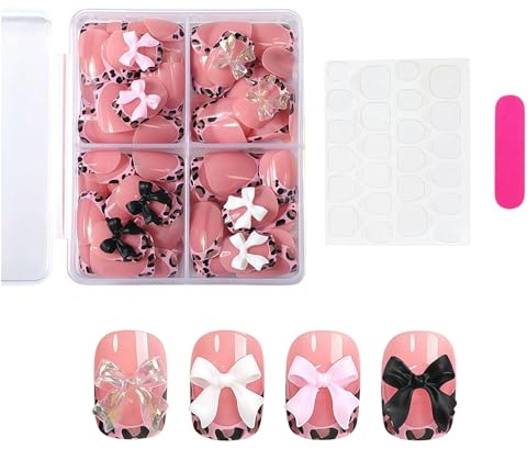 Tastetreasure 96Pcs French Tip Press on Nails with Bow Charms, Short Square Pink Leopard Fake Nails, Glossy Full Cover Stick on Nails Kit with Jelly Glue and Nail File for Women Girls