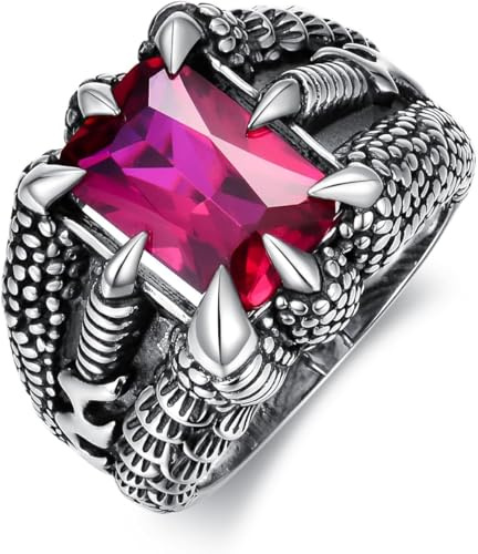 Siegelring, Drachenklauenring, 925 Sterling Silber, künstlicher Rubin, cooler Retro-Edelsteinring, Größe UK I-Z+6